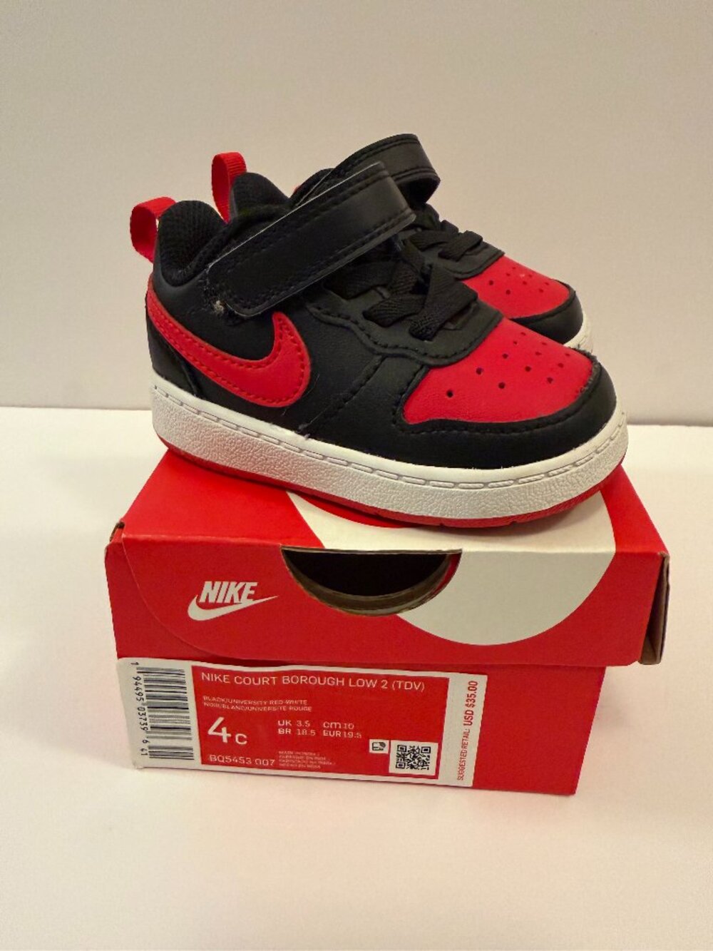 Nike Court Borough Low 2 Toddler Shoes 4C Black Red White